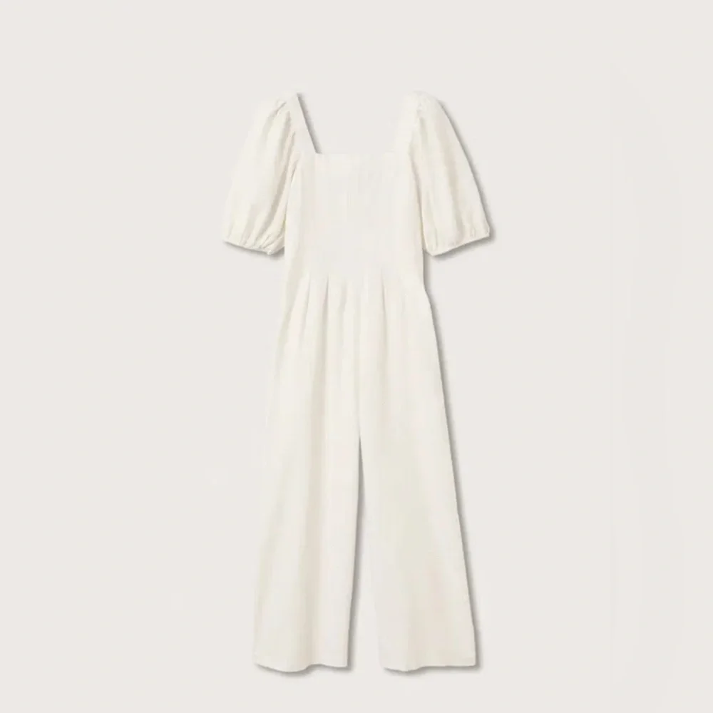 MNG Mango puff sleeve cotton long jumpsuit, cream viscose/cotton/linen blend - Picture 8 of 17